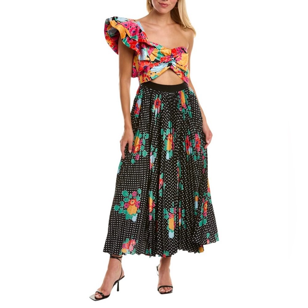 AMUR Cleopatra Pleated Ruffle One Shoulder Midi Dress Black Pop Dot Women 0 NWT